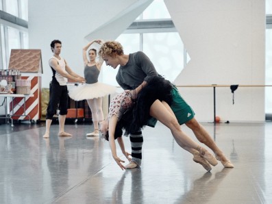 Dancers Emily He and Célestin Boutin during a rehearsal of Les Grands Ballets Canadiens' The Nutcracker