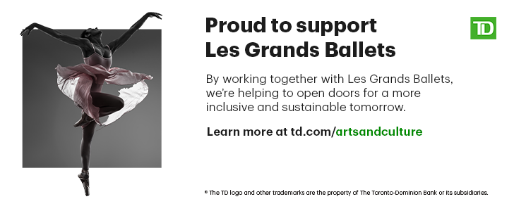 TD advertisement for Les Grands Ballets - with ballerina in pink dress on grey background