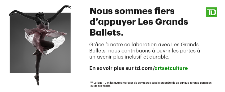 Publicité TD pour Les Grands Ballets - avec ballerine en robe rose sur fond gris